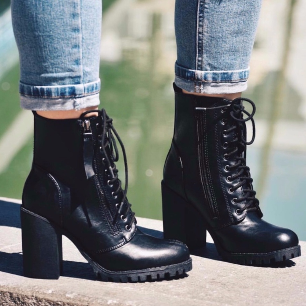 Black Vegan Leather Lace Up Heeled Combat Booties - Picture 1 of 3